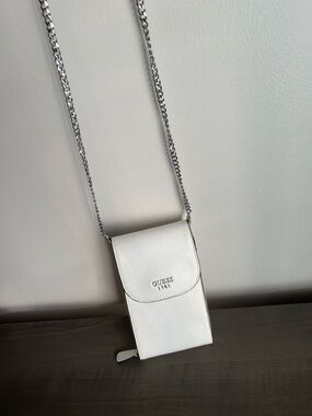 GUESS White Crossbody Phone Pouch with Silver Chain Detail